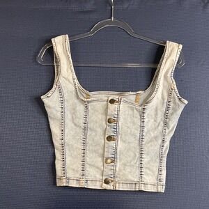 Love Trends Acid Wash Denim Corset Crop Top Light Blue Button Down RN 169283